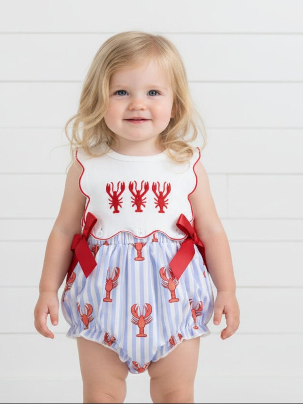 Blue Pinstripe Embroidered Lobster Bibbed Romper, girl